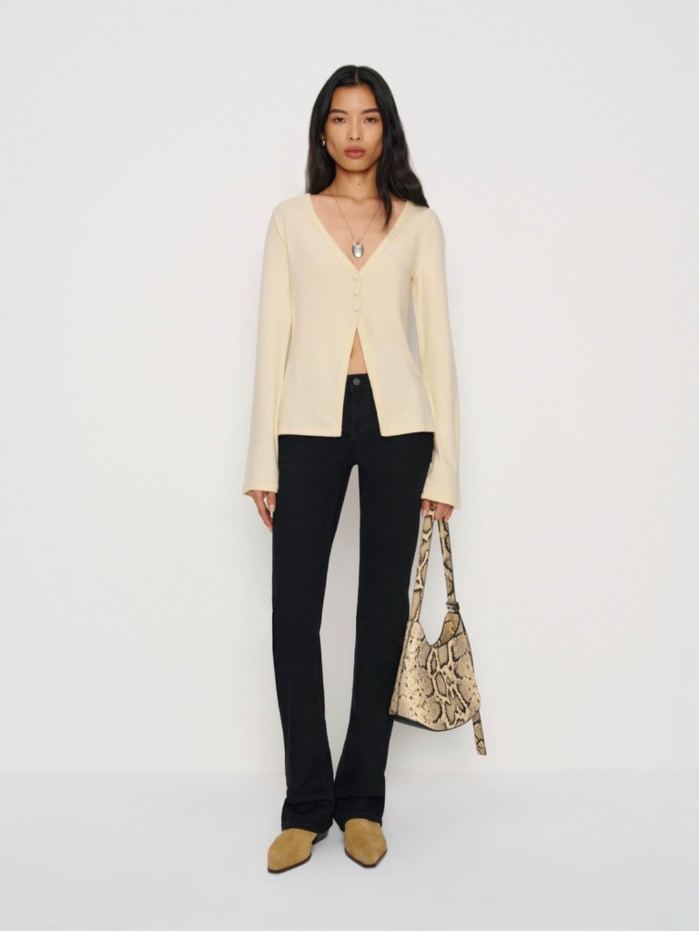 Reformation Cream Button-Down V-Neck Top